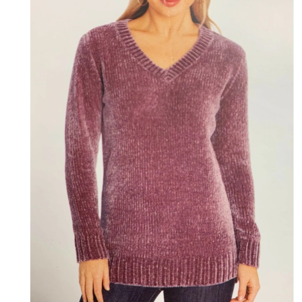 Orvis Purple Chenille Pullover Soft V-Neck Sweater Women’s Size Large Cozy Comfy